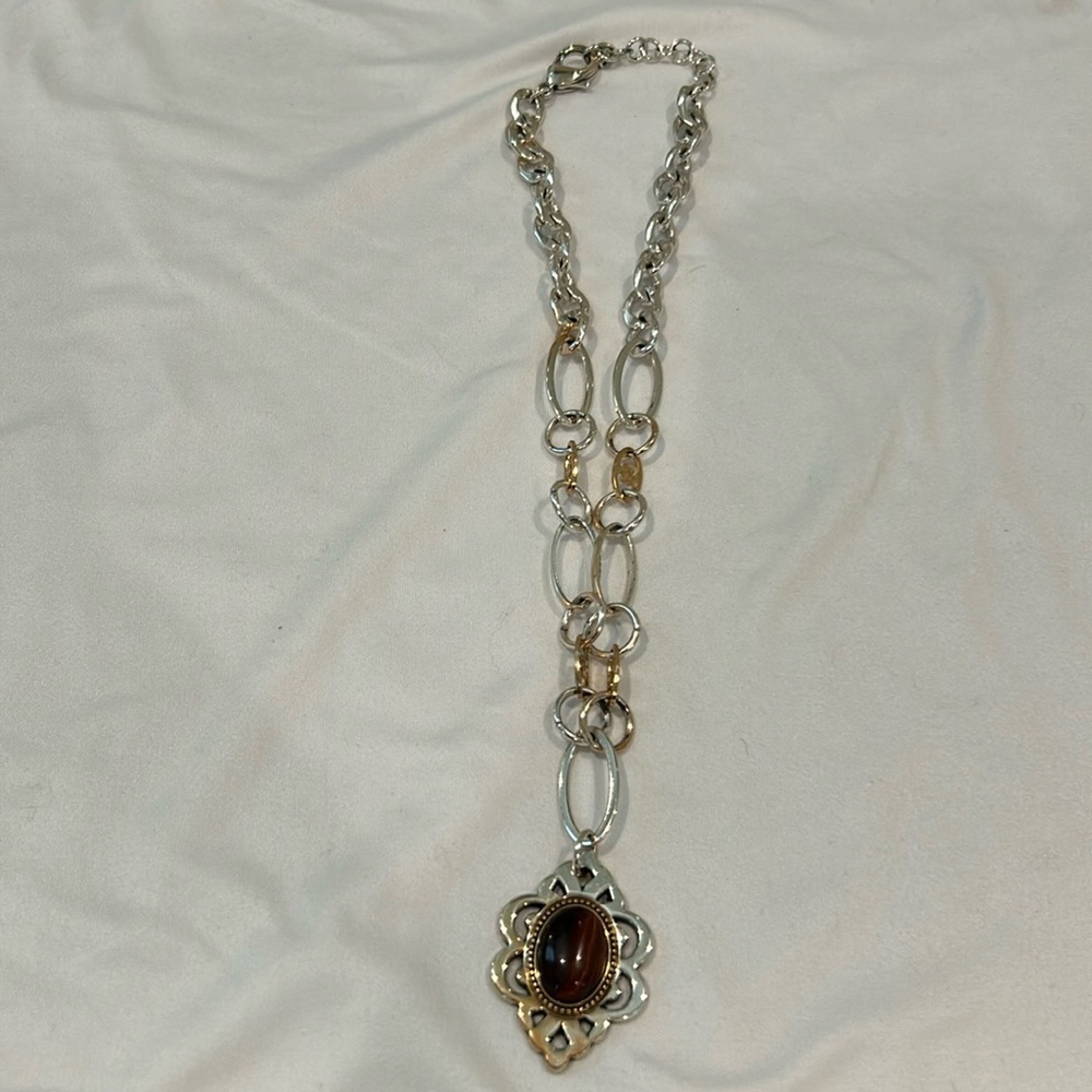 Brighton Geneva Tiger’s Eye Pendant Silver and Gold Details